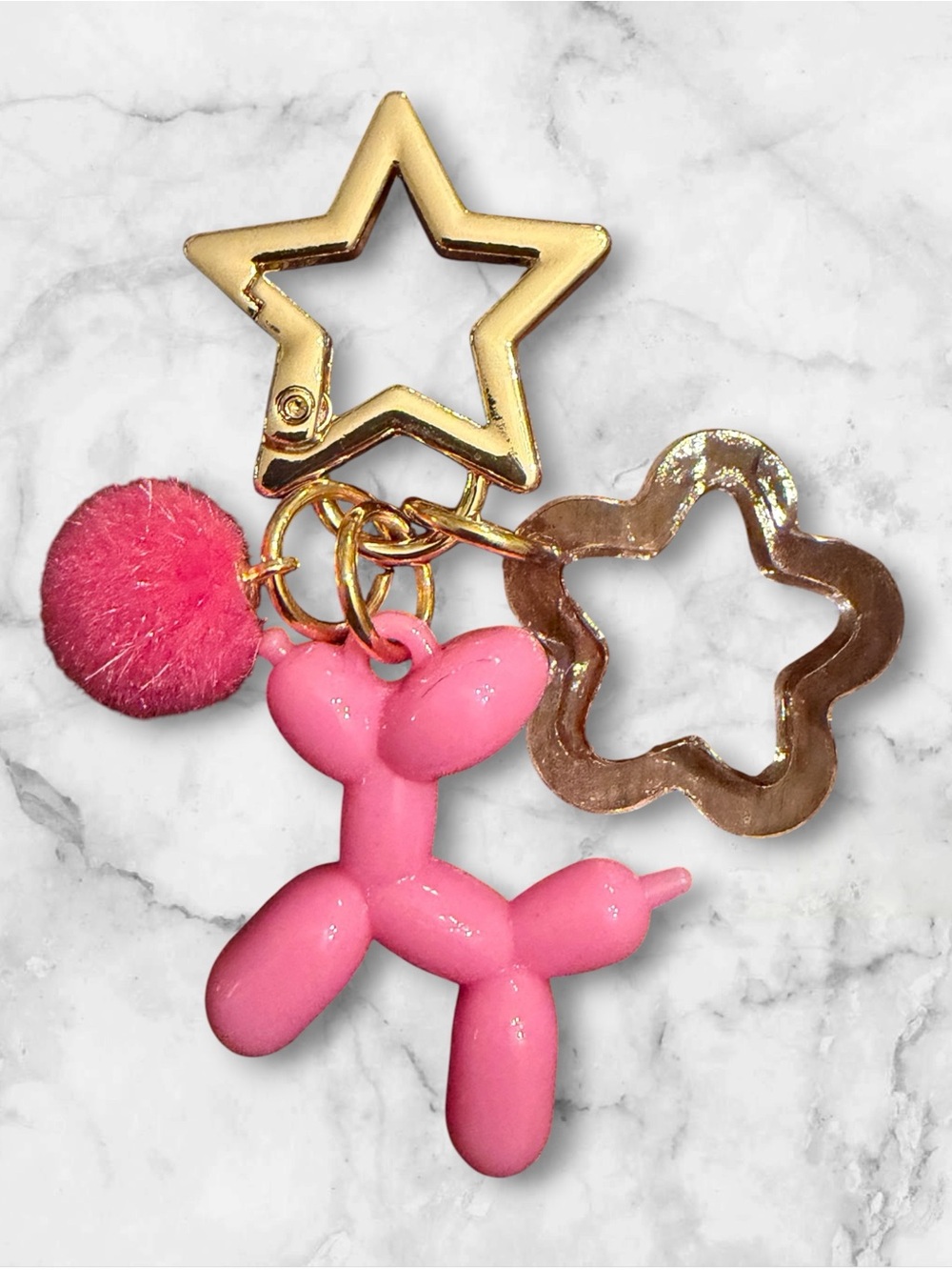 Pink Balloon Dog Keychain with Gold Star & Pom Pom Charm